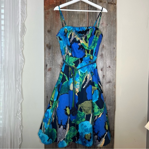 Anthropologie Vanessa Virginia Blue Watercolor Floral Print 50s Midi Dress sz 14 - Picture 15 of 16